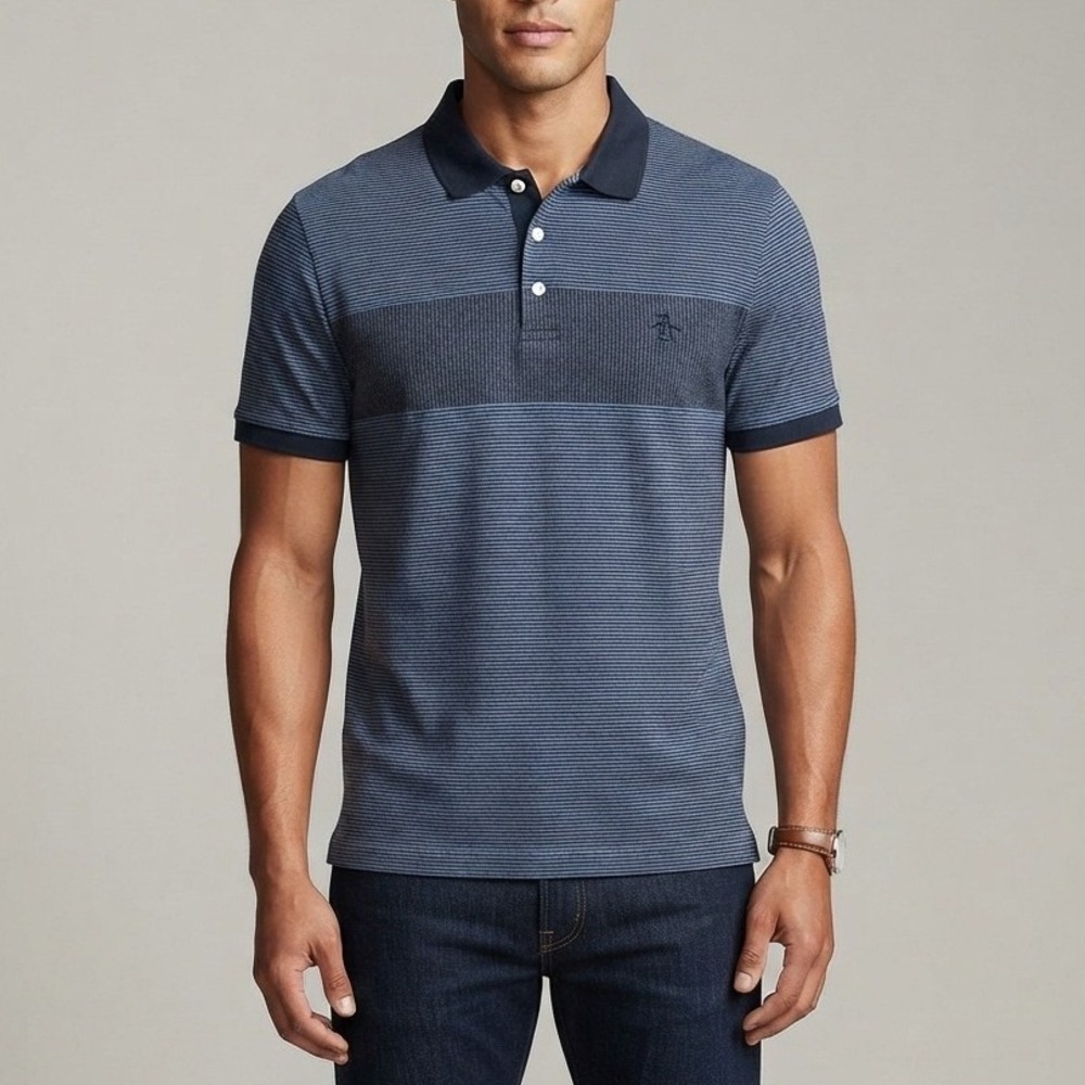 Original Penguin Mens Heritage Slim Fit Striped Polo Shirt Blue XXL